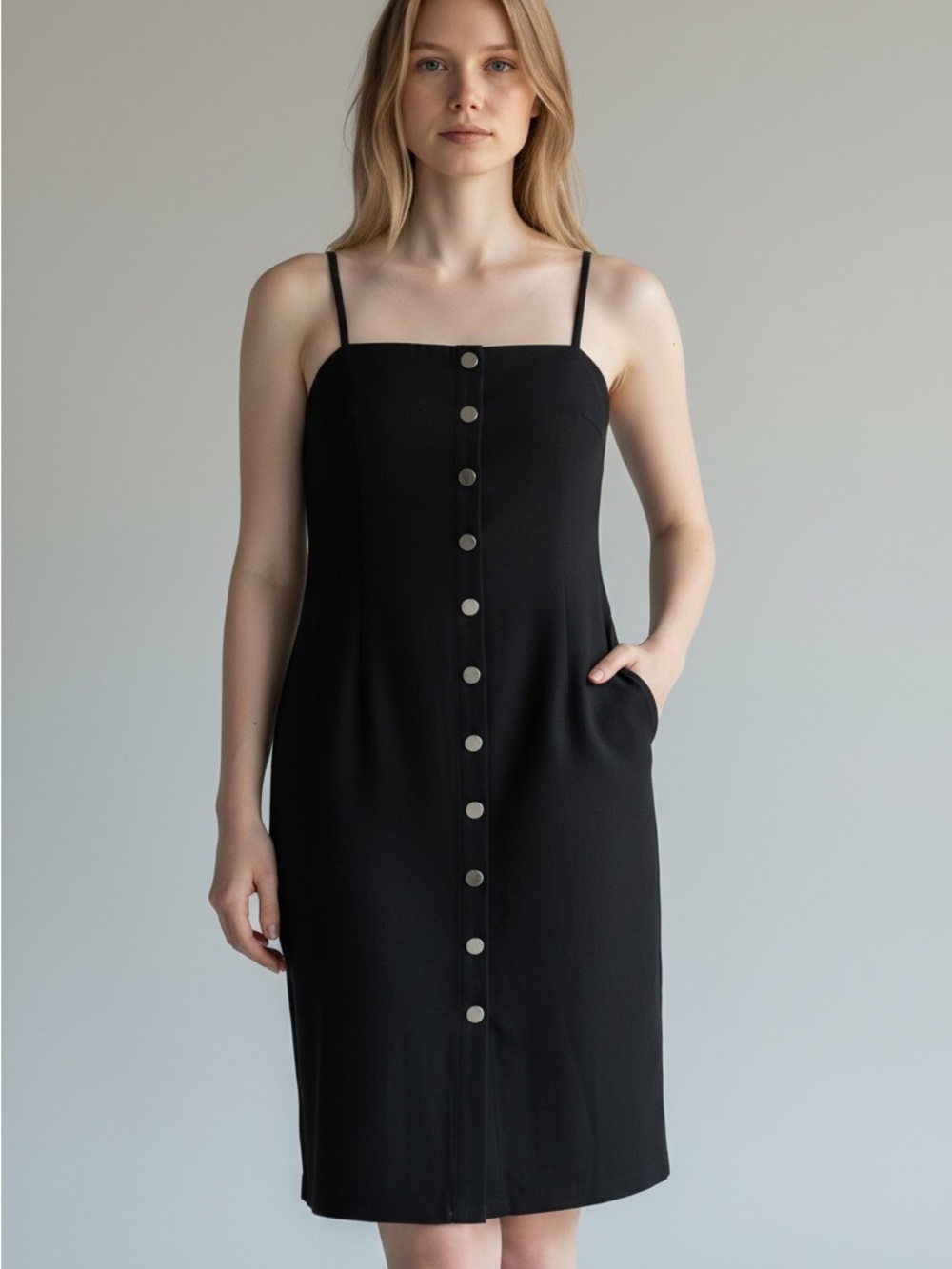 New Look Black Button-Front Spaghetti Strap Midi Dress